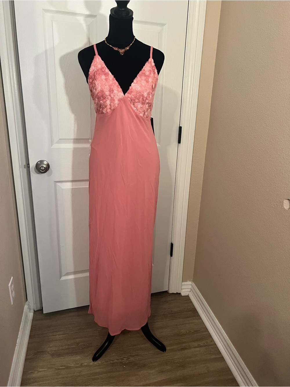 wild fable Coral Pink Lace-Detail Maxi Slip Dress